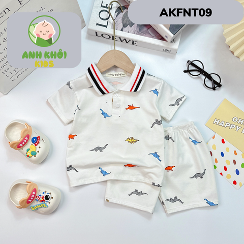  AKFNT09 - Bộ ngắn tay có cổ vải cotton in hình khủng long cho bé trai/gái đi chơi 