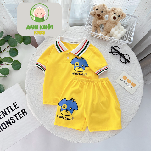  AKFNT08 - Bộ ngắn tay có cổ vải cotton cho bé trai/gái đi chơi 