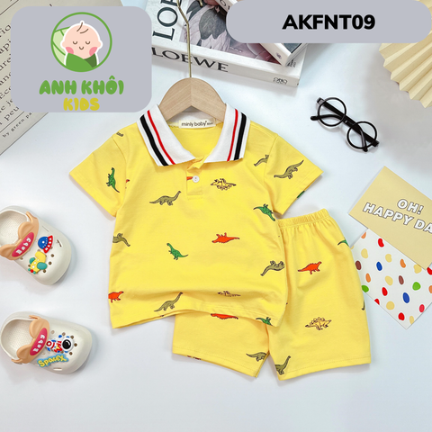  AKFNT09 - Bộ ngắn tay có cổ vải cotton in hình khủng long cho bé trai/gái đi chơi 