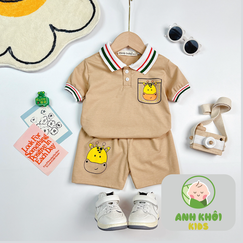  AKFNT07 - Bộ ngắn tay có cổ vải cotton cho bé trai/gái đi chơi 