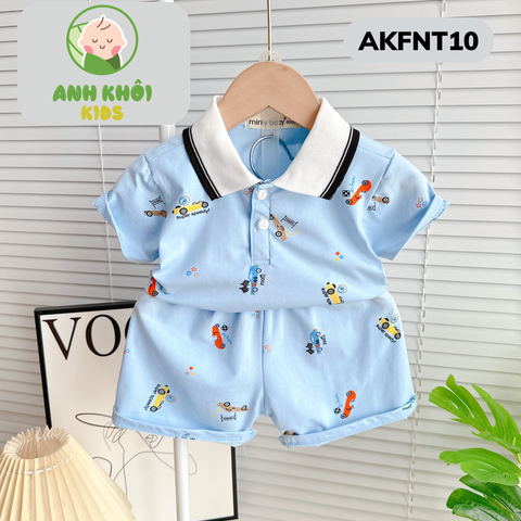  AKFNT10 - Bộ ngắn tay có cổ vải cotton in hình  cho bé trai/gái đi chơi 