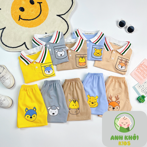  AKFNT07 - Bộ ngắn tay có cổ vải cotton cho bé trai/gái đi chơi 