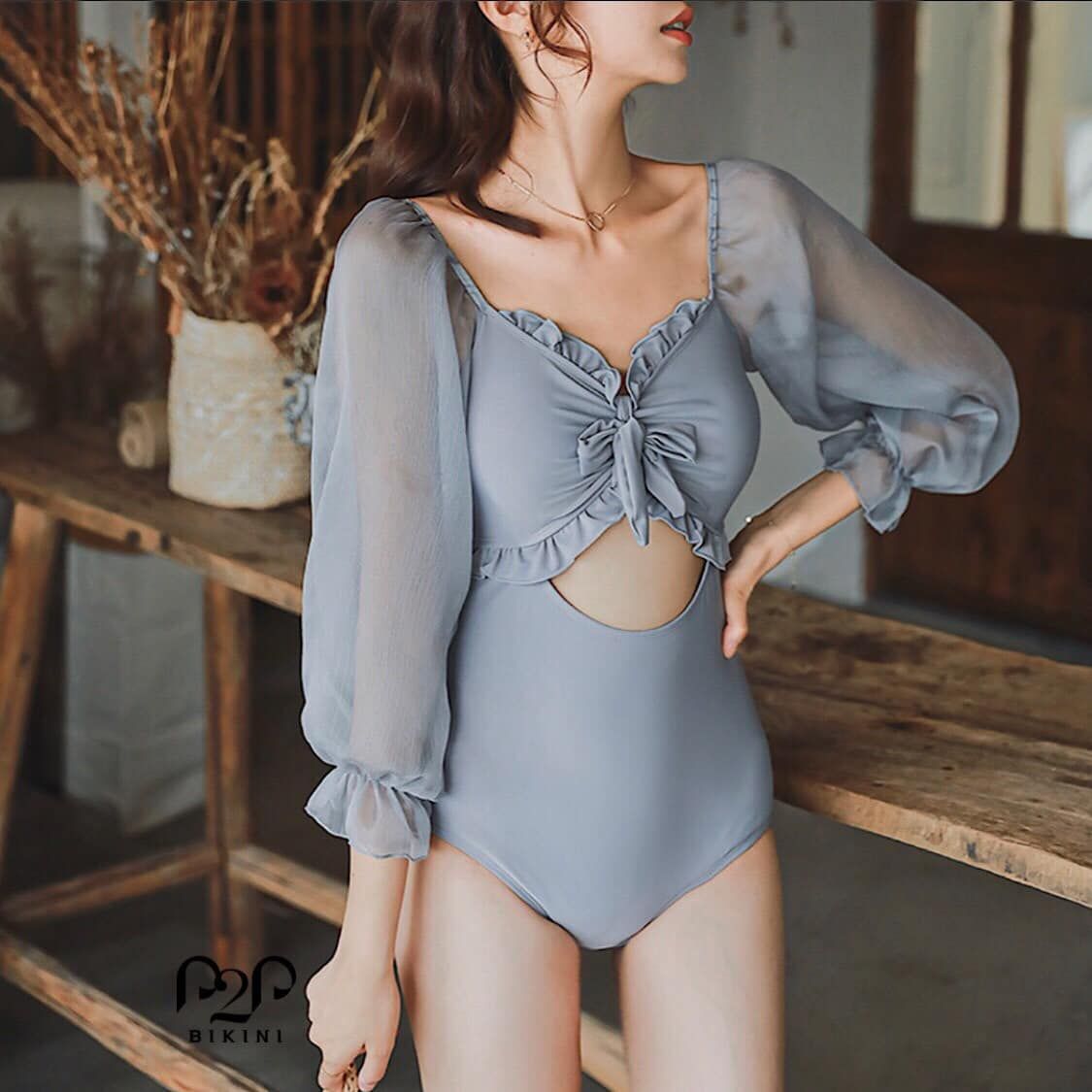 Monokini tay dài buộc nơ ngực xám