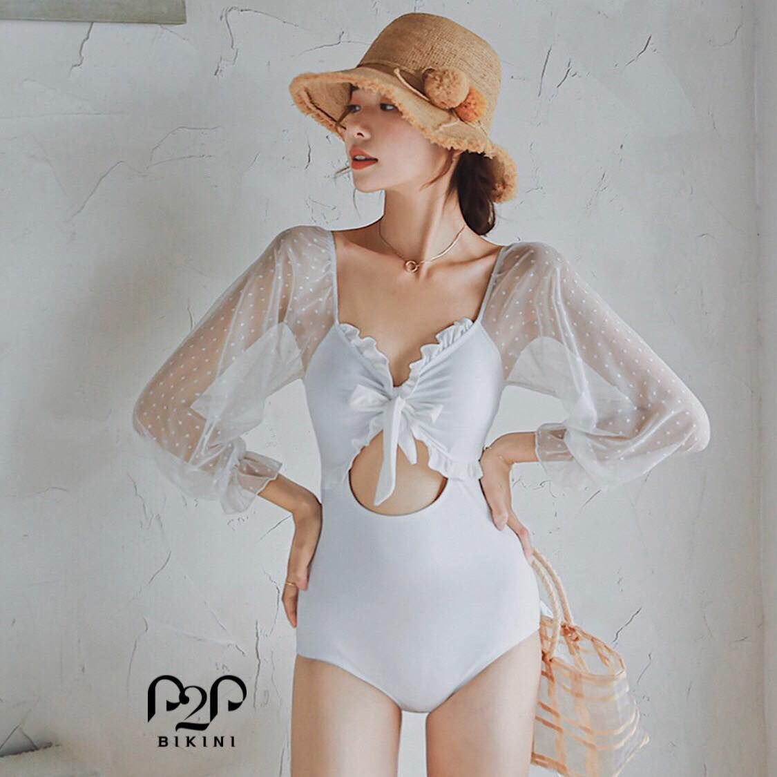 Monokini tay dài buộc nơ ngực trắng