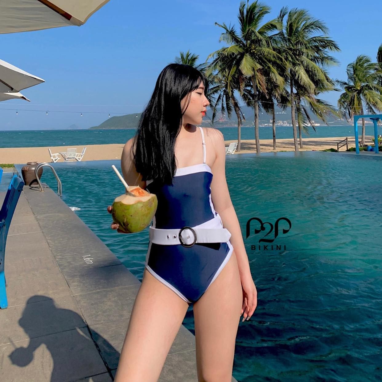 Monokini hai dây basic, kèm belt xanh navy