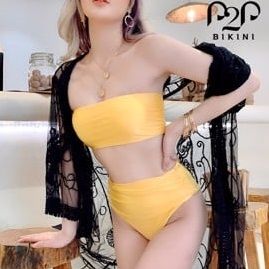 Bikini hai mảnh áo quây ngang, quần lưng cao vàng