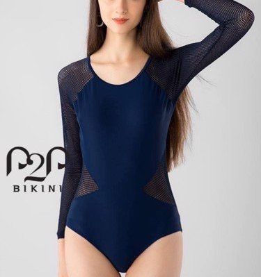 Monokini tay dài phối lưới xanh navy