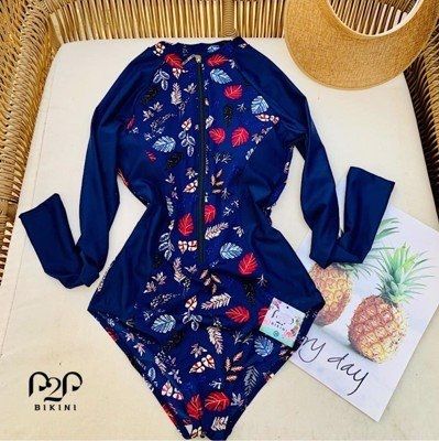 Monokini tay dài kéo khóa trước xanh navy