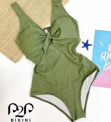 Monokini hai dây bản to ngực cách điệu xanh rêu