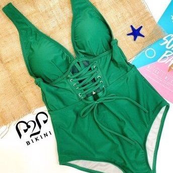 Monokini hai dây phối khoen chiết eo ôm dáng xanh lá