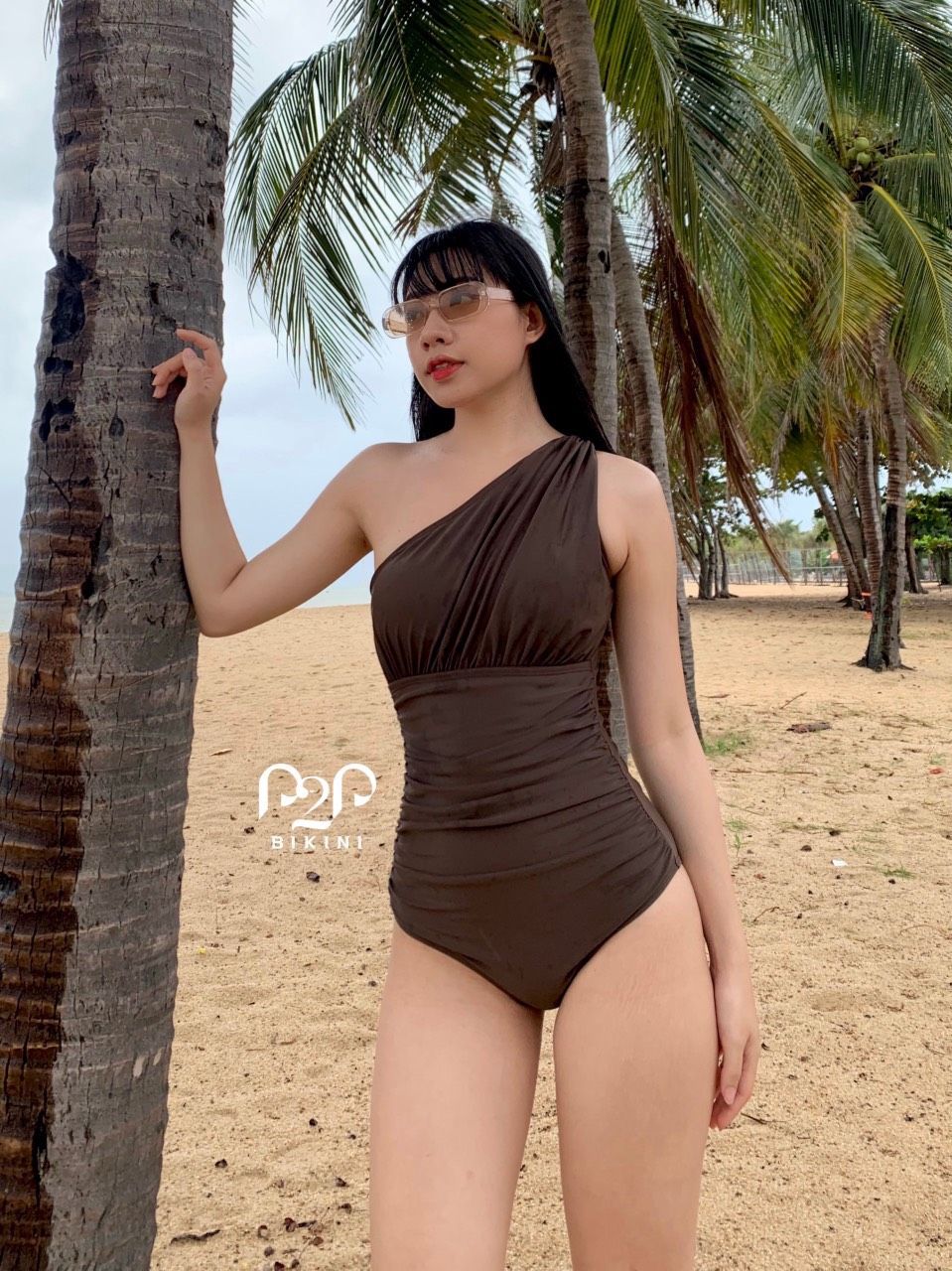 Monokini lệch nhún bụng màu nâu