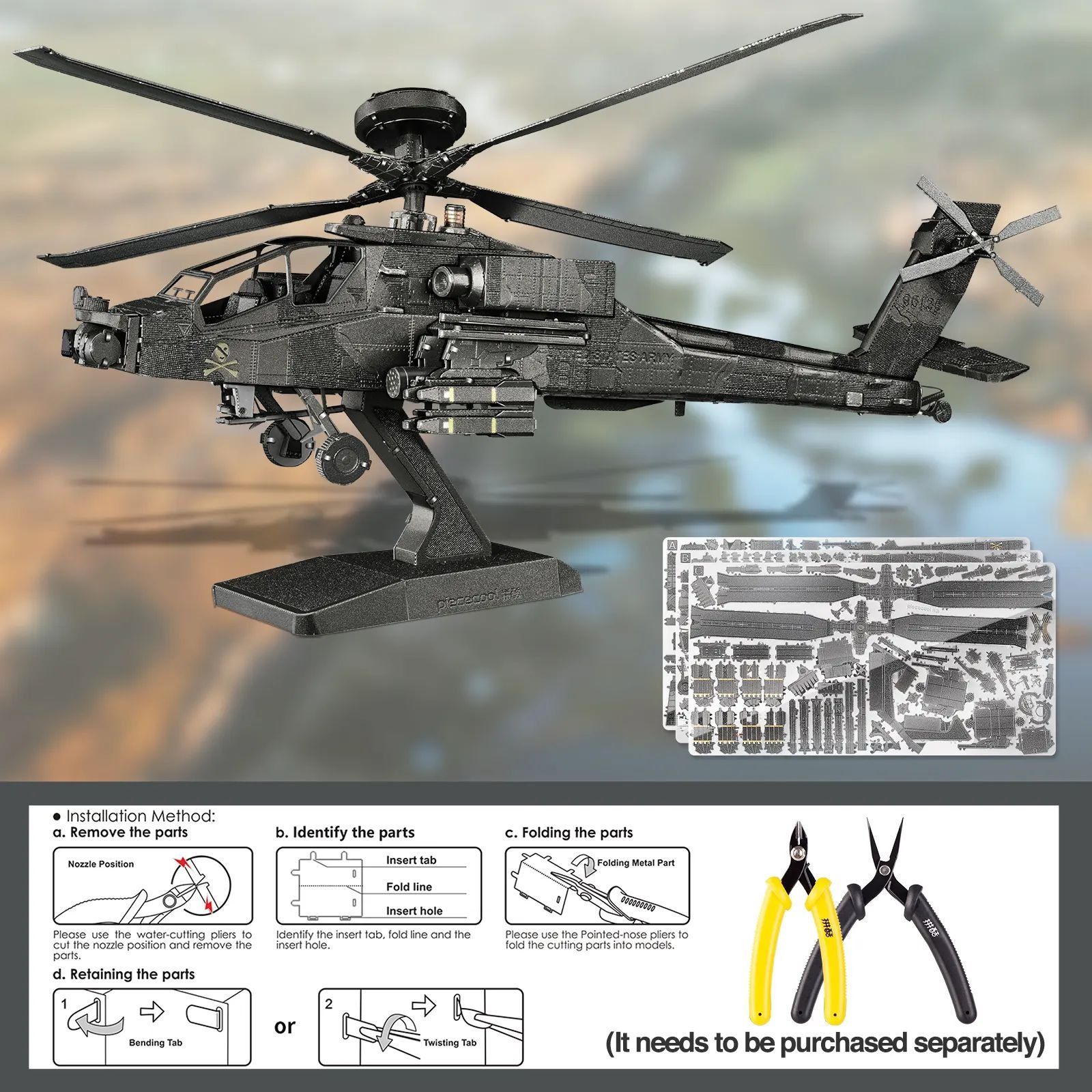  Mô Hình Kim Loại Lắp Ráp 3D Piececool Trực Thăng AH-64 Apache (145 mảnh) HP322-KS - MP1193 