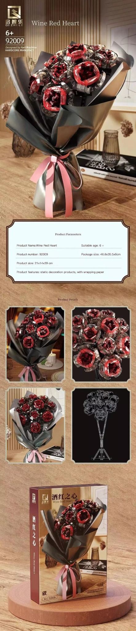  Mô Hình Nhựa 3D Lắp Ráp QiZhiLe Bó Hoa Hồng Đỏ 92009 (800 mảnh, Wine Red Heart Flower) – LG0020 