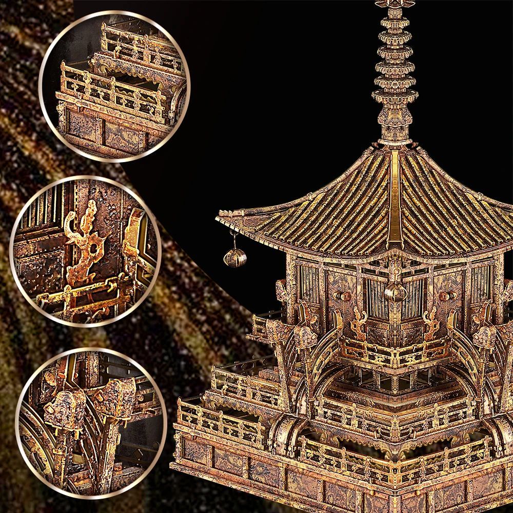  Mô Hình Kim Loại 3D Lắp Ráp Piececool Chùa Đồng Thời Nhà Đường (366 mảnh, Gilt Bronze Pagoda) P328-GK - MP1213 