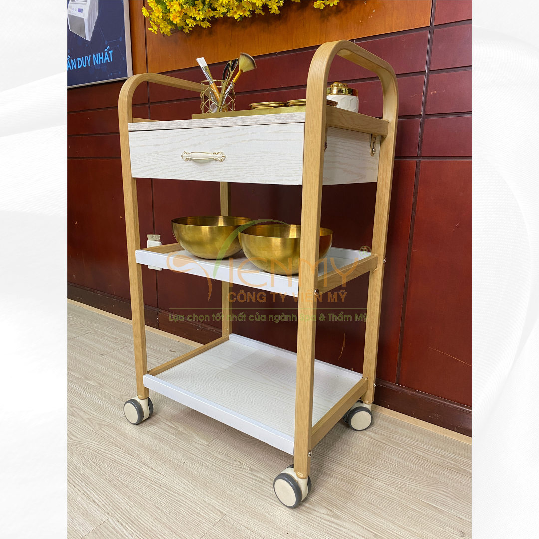 Kệ xe đẩy gỗ có hộc tủ, chân sắt K207