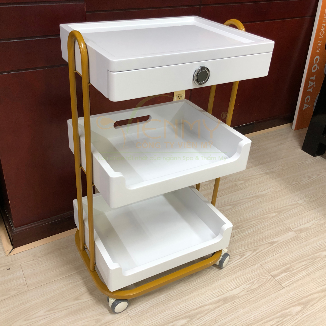 Kệ xe đẩy khung sắt vàng, khay gỗ có học tủ K204-T