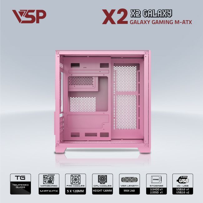 Thùng máy Case VSP Aquanaut Pro Gaming X2 Galaxy - Hồng | Small M-ATX