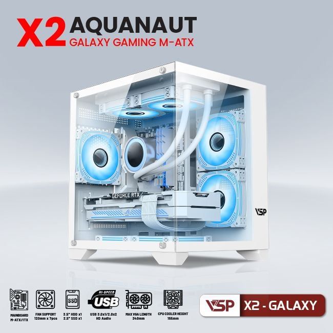 Thùng máy Case Aquanaut Pro Gaming M-ATX X2 Galaxy - Trắng | Mid Tower, ATX