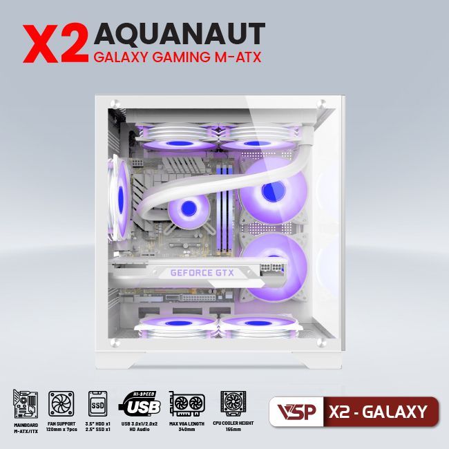 Thùng máy Case Aquanaut Pro Gaming M-ATX X2 Galaxy - Trắng | Mid Tower, ATX