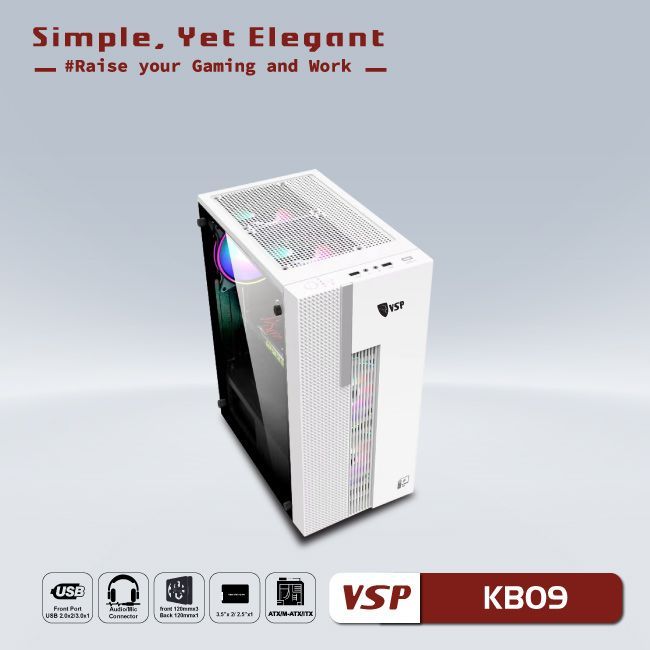 Thùng máy Case VSP ESport Gaming KB09 - Trắng | Nguồn dưới, không fan