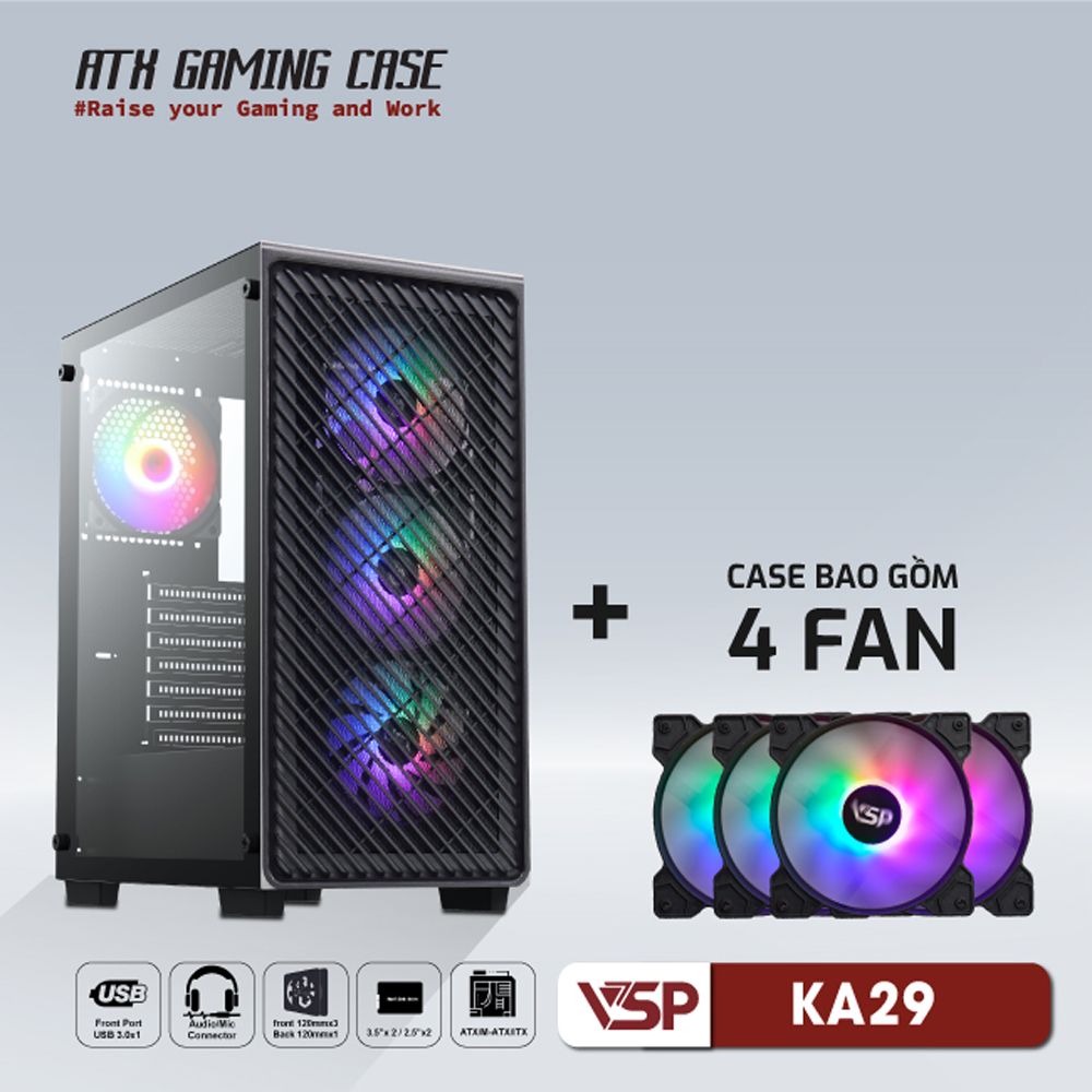 Thùng máy Case VSP KA-29 Black + 4 Fan Led