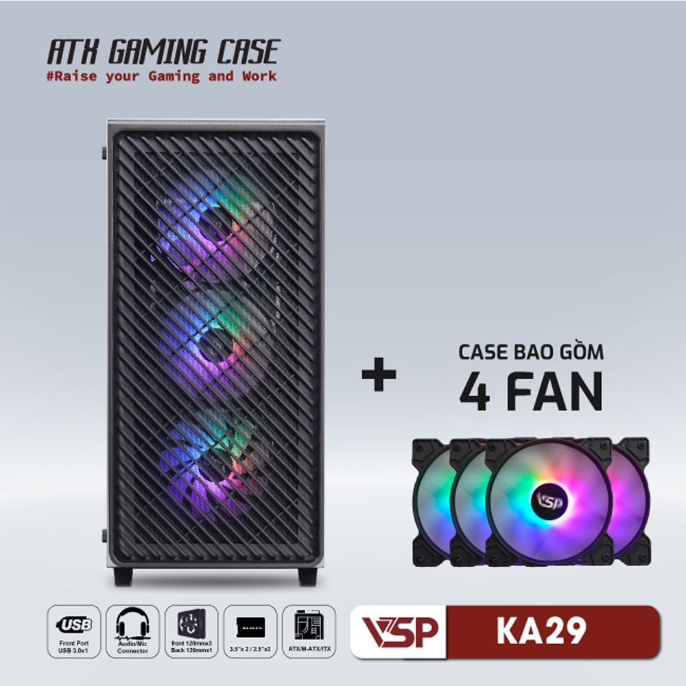 Thùng máy Case VSP KA-29 Black + 4 Fan Led