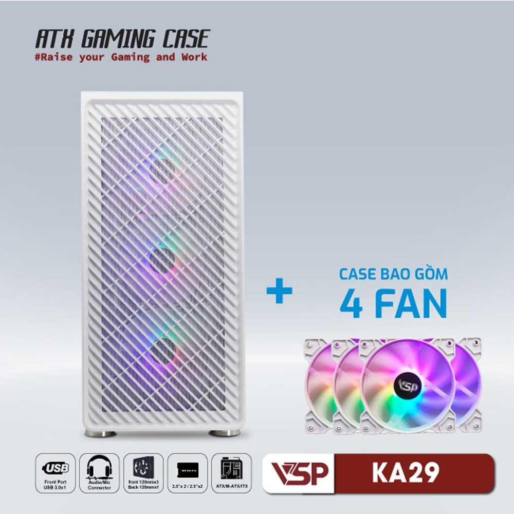 Thùng máy Case VSP KA-29 White + 4 Fan Led