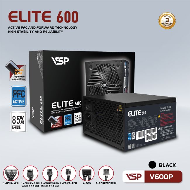 Nguồn máy tính VSP Elite Active PFC V600P - Đen | 600W, ATX