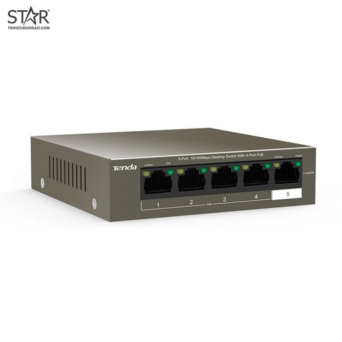 Switch PoE 5 Port Tenda 100Mb TEF1105P-4 (Vỏ sắt / Chống sét 6KV / Chuyên Camera IP)