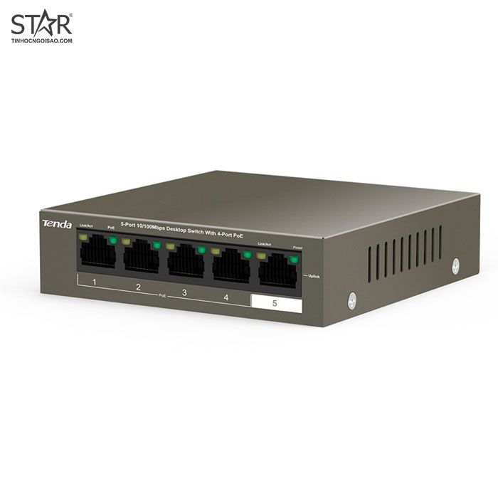 Switch PoE 5 Port Tenda 100Mb TEF1105P-4 (Vỏ sắt / Chống sét 6KV / Chuyên Camera IP)