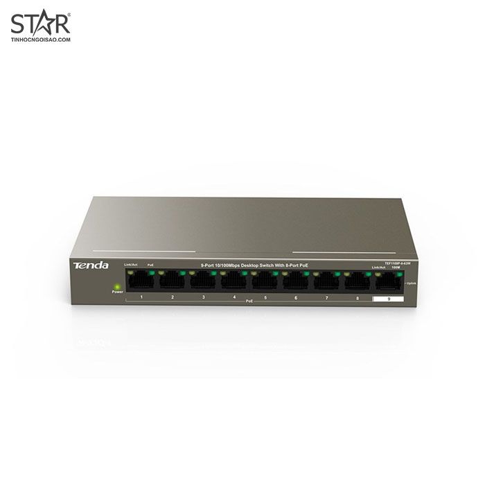 Switch PoE 9 Port Tenda 10/100Mb TEF1109P-8-63W (Vỏ sắt / Chống sét 6KV / Chuyên Camera IP)