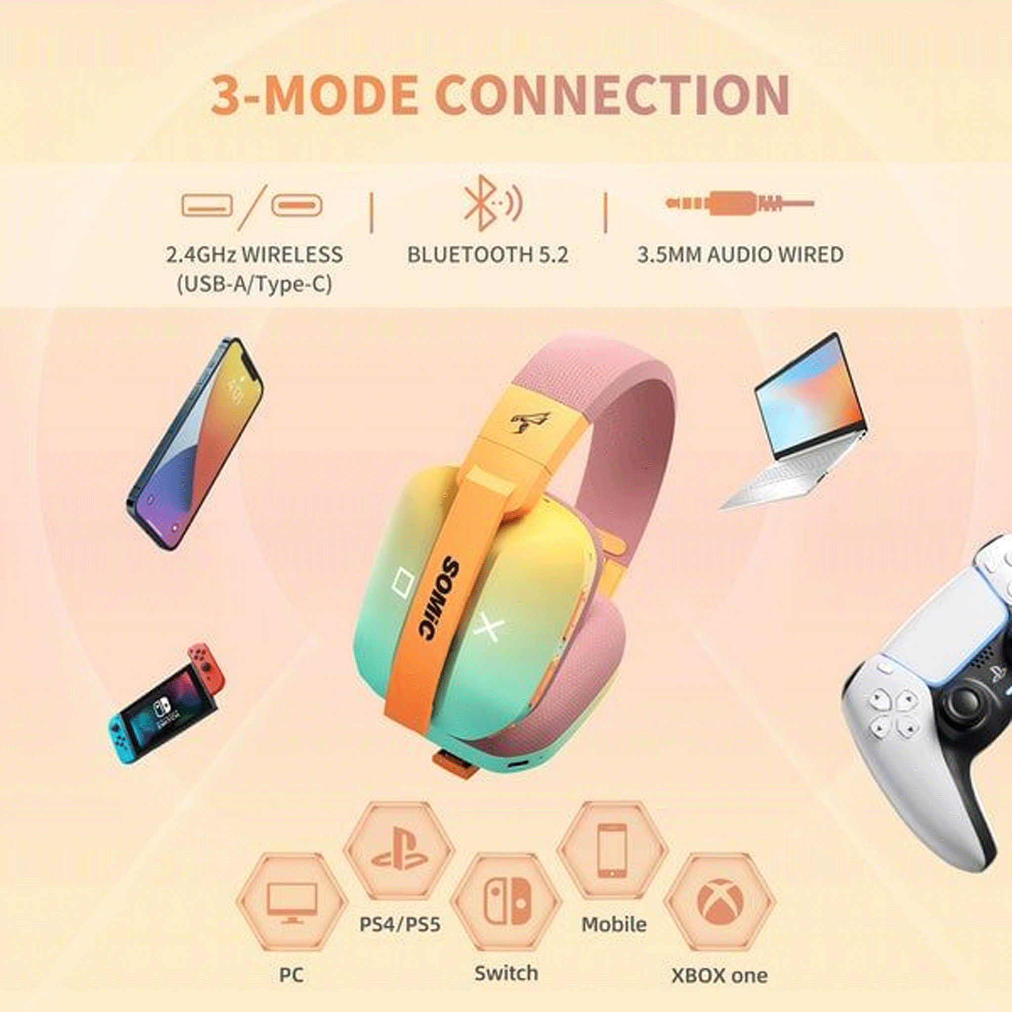 Tai nghe Gaming Somic GS810 | Wireless, RGB, Tri-Mode (USB-A, USB Type-C và Bluetooth 5.2)