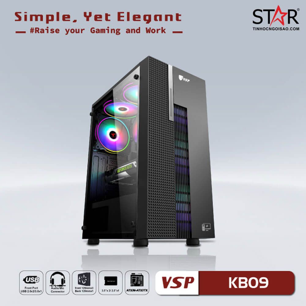 Thùng máy Case VSP Esport Gaming KB09 Black | Đen, Không Fan