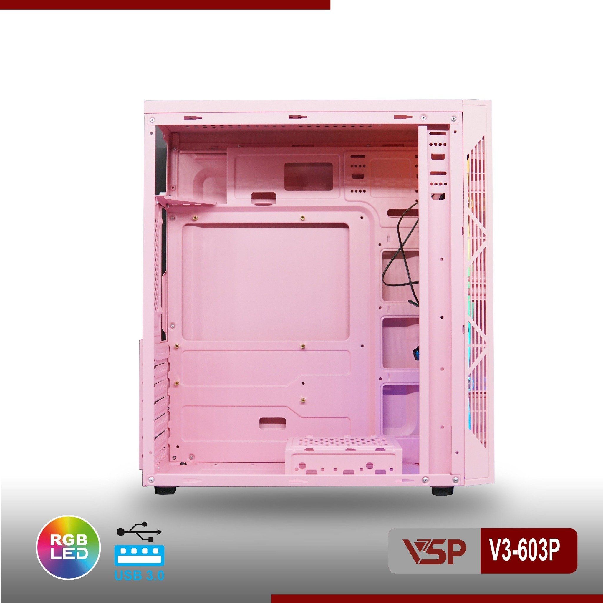 Thùng máy Case VSP V3-603P | ATX, hồng, không kèm fan