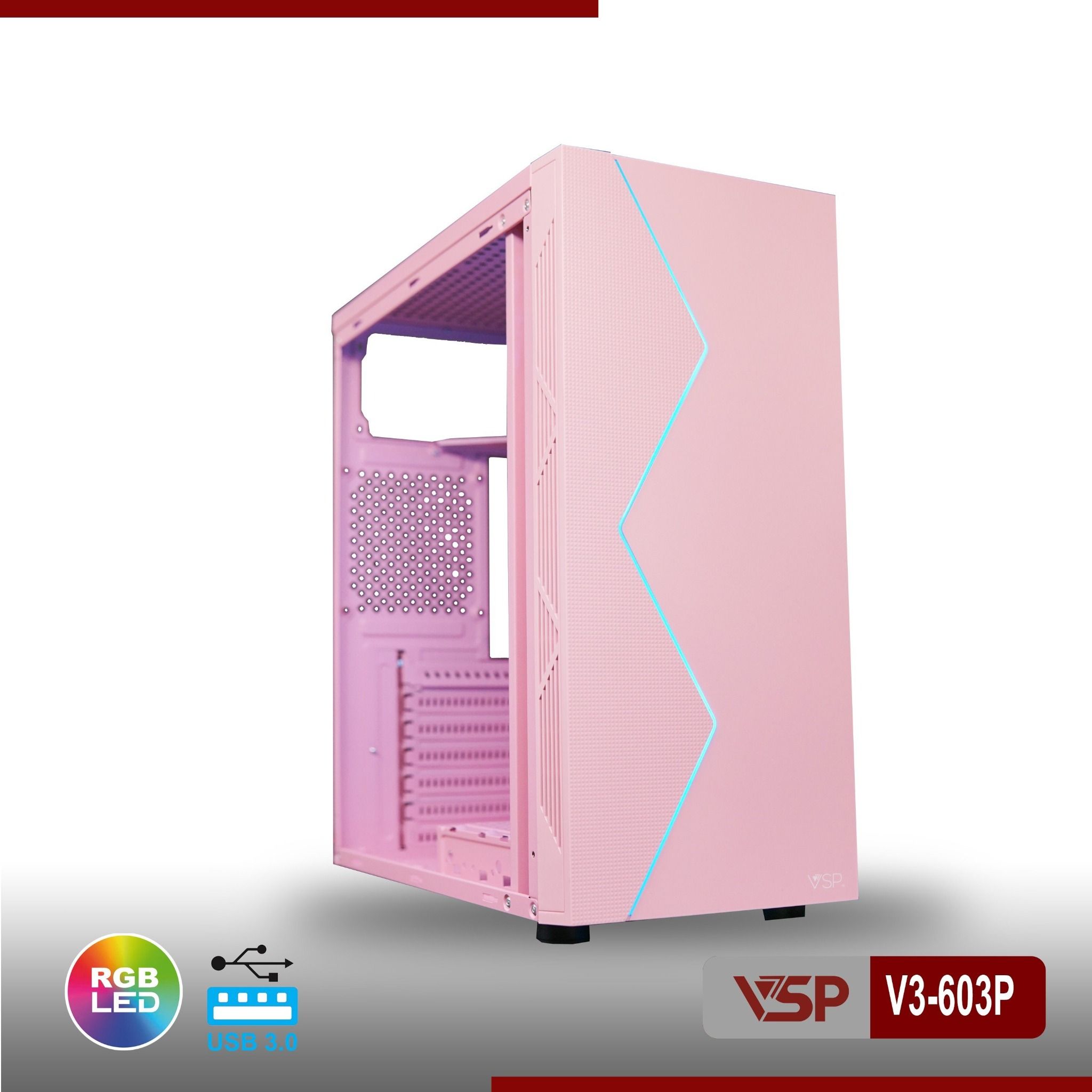 Thùng máy Case VSP V3-603P | ATX, hồng, không kèm fan