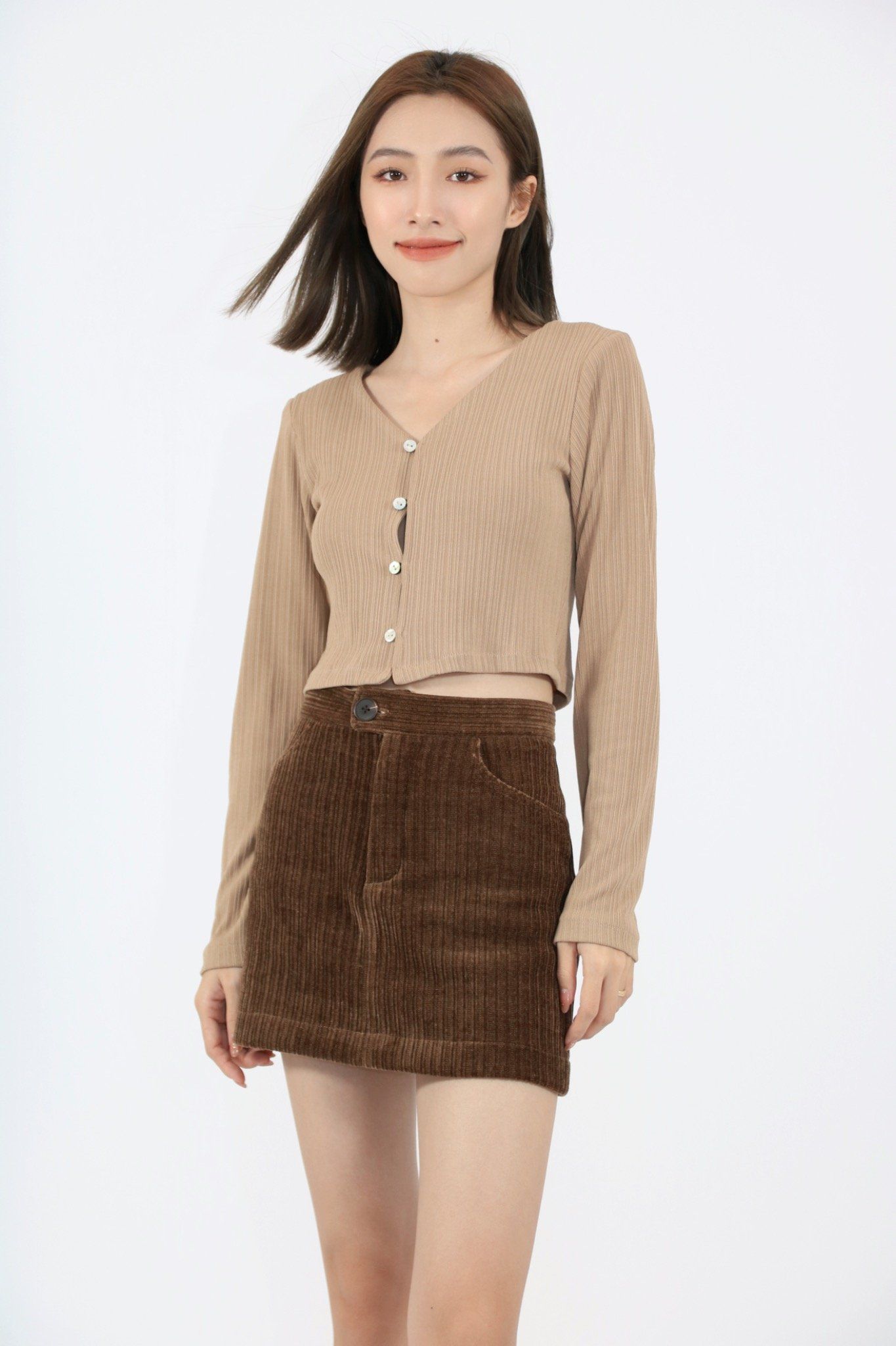 Cropped Cardigan - Nâu