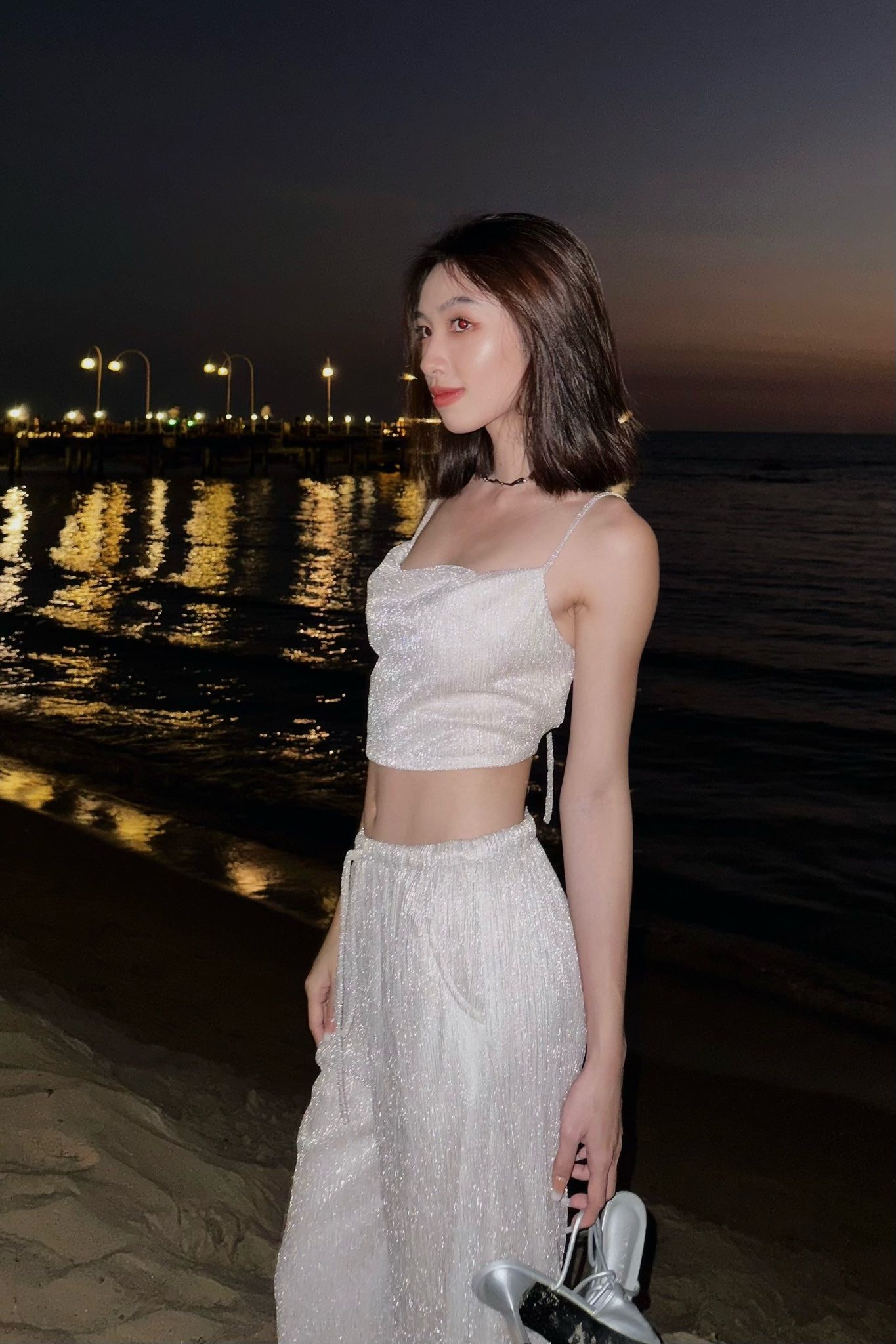 Sequin Elastic Pants - Silver