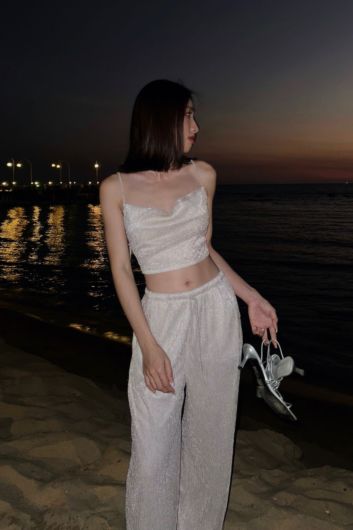 Sequin Elastic Pants - Silver