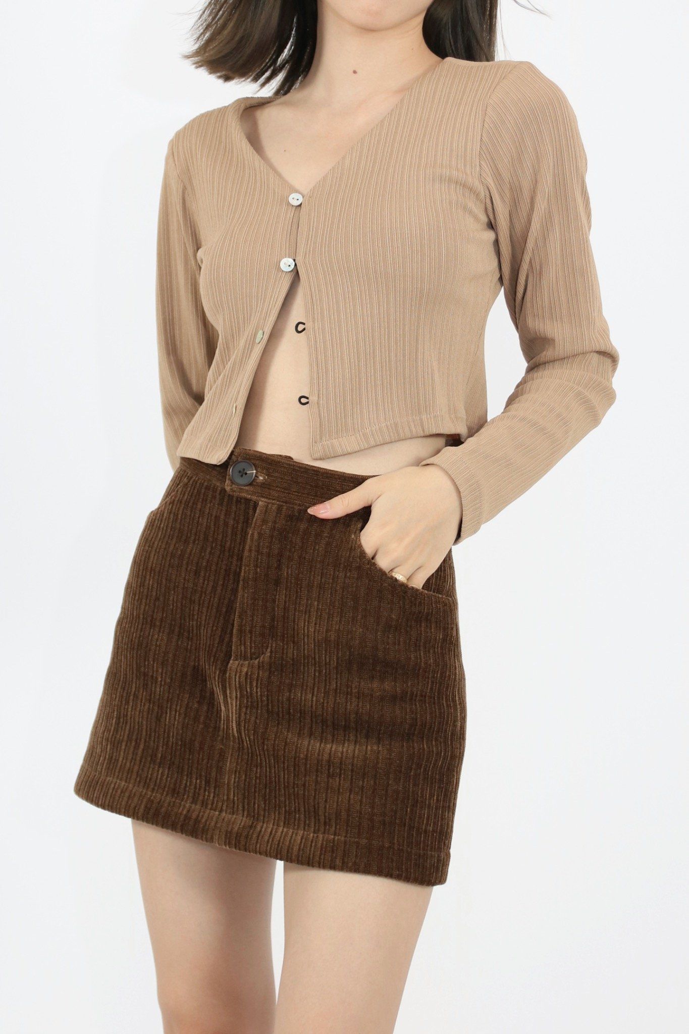 Cropped Cardigan - Nâu
