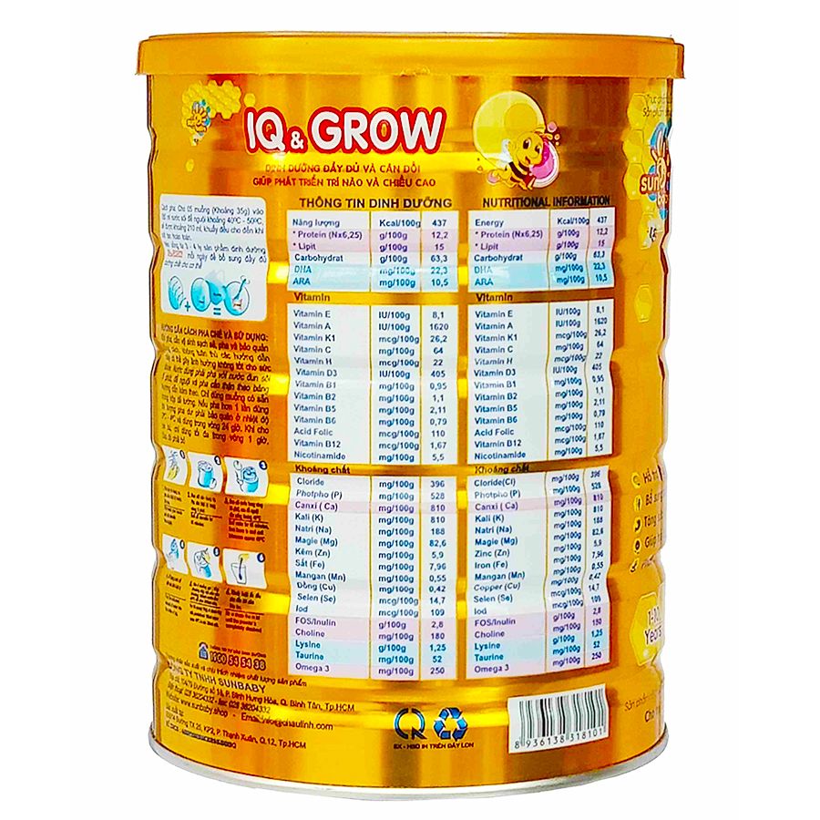  Sữa bột tăng chiều cao và trí thông minh SUNBABY IQ GROW 900g 