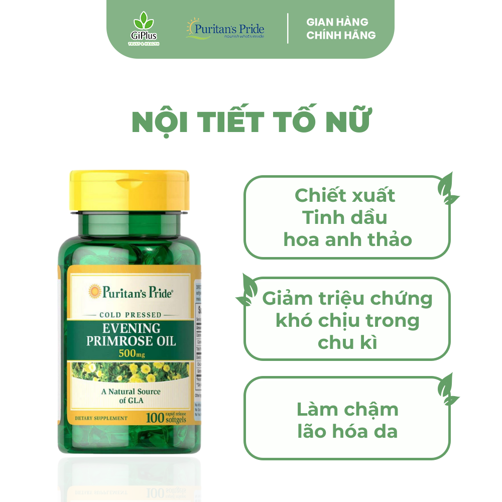 Viên Uống Tinh Dầu Hoa Anh Thảo, Đẹp da, Cân Bằng Nội Tiết Tố Evening Primrose Oil Puritan’s Pride 500mg (100 viên/Lọ)