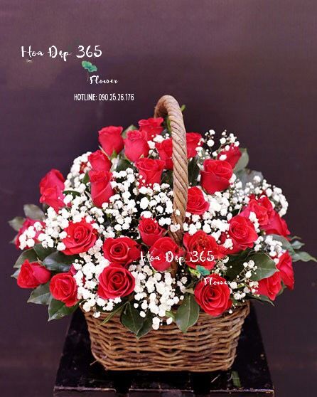 giỏ hoa chúc mừng hồng đỏ mix hoa bi