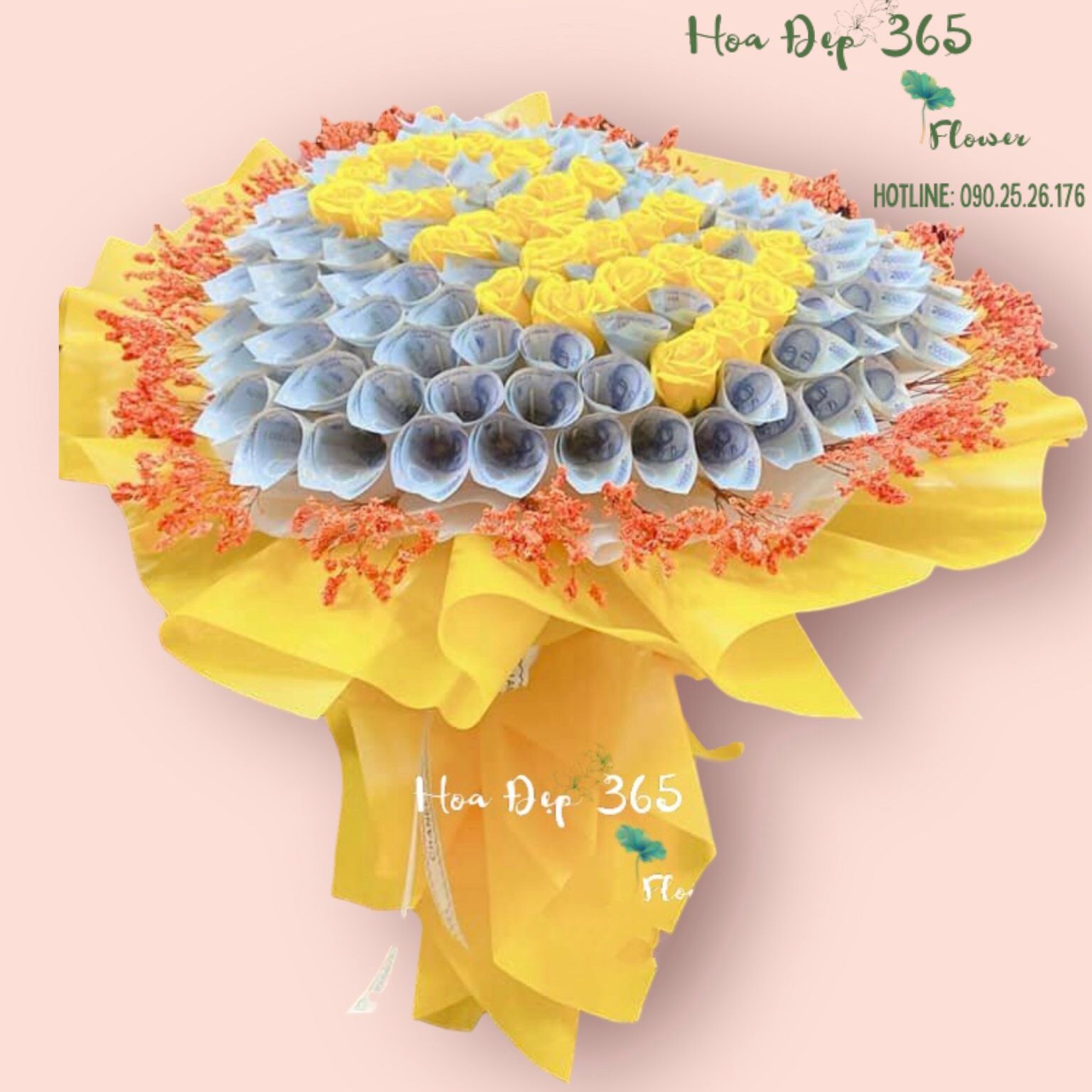 Bó Hoa Tiền 20k Mix Hoa Hồng Sáp Vàng - BT19