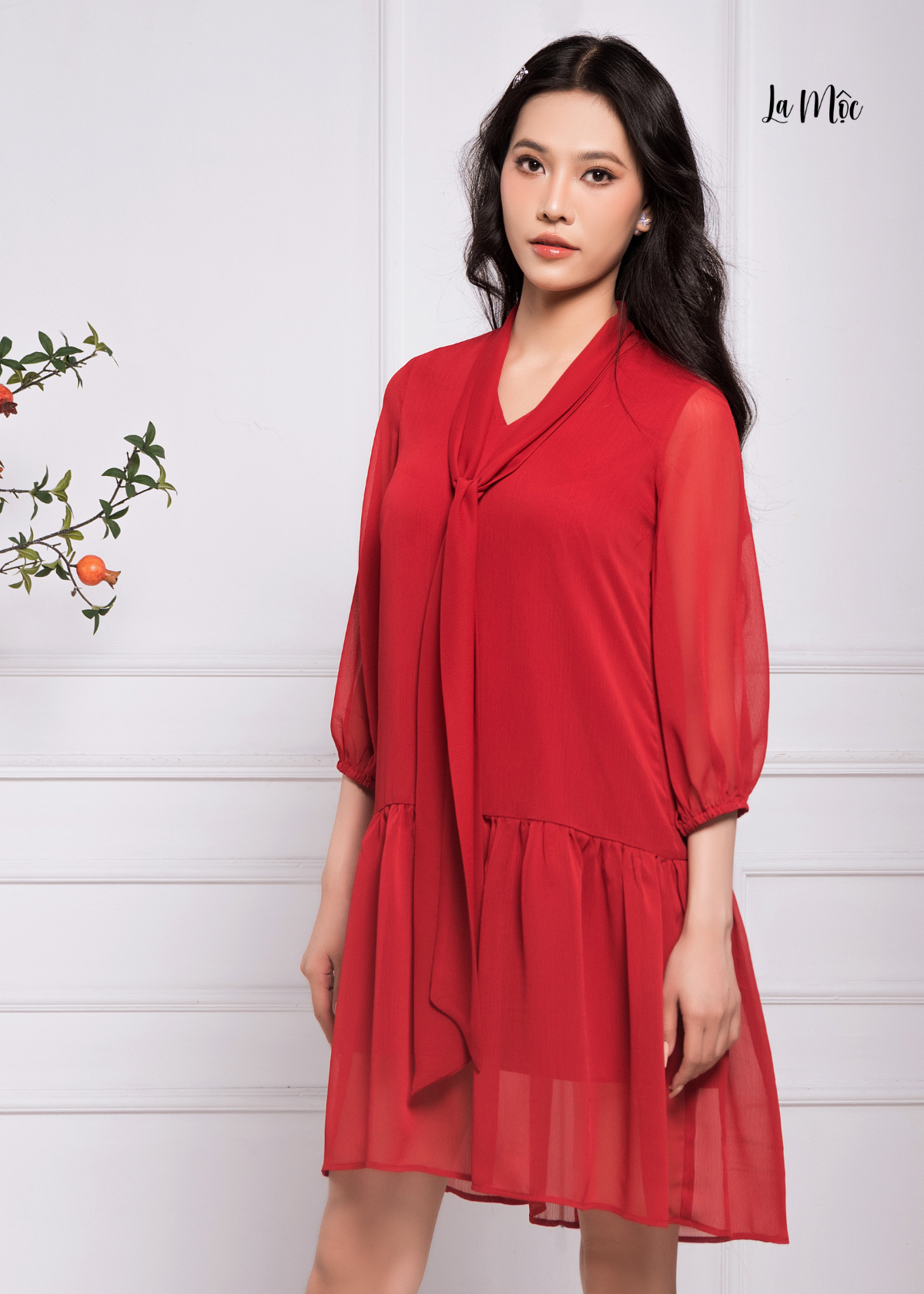  ĐẦM BABYDOLL CHIFFON KOREA ĐỎ ĐÔ, CỔ QUÀNG, TAY LỠ, LA MỘC 