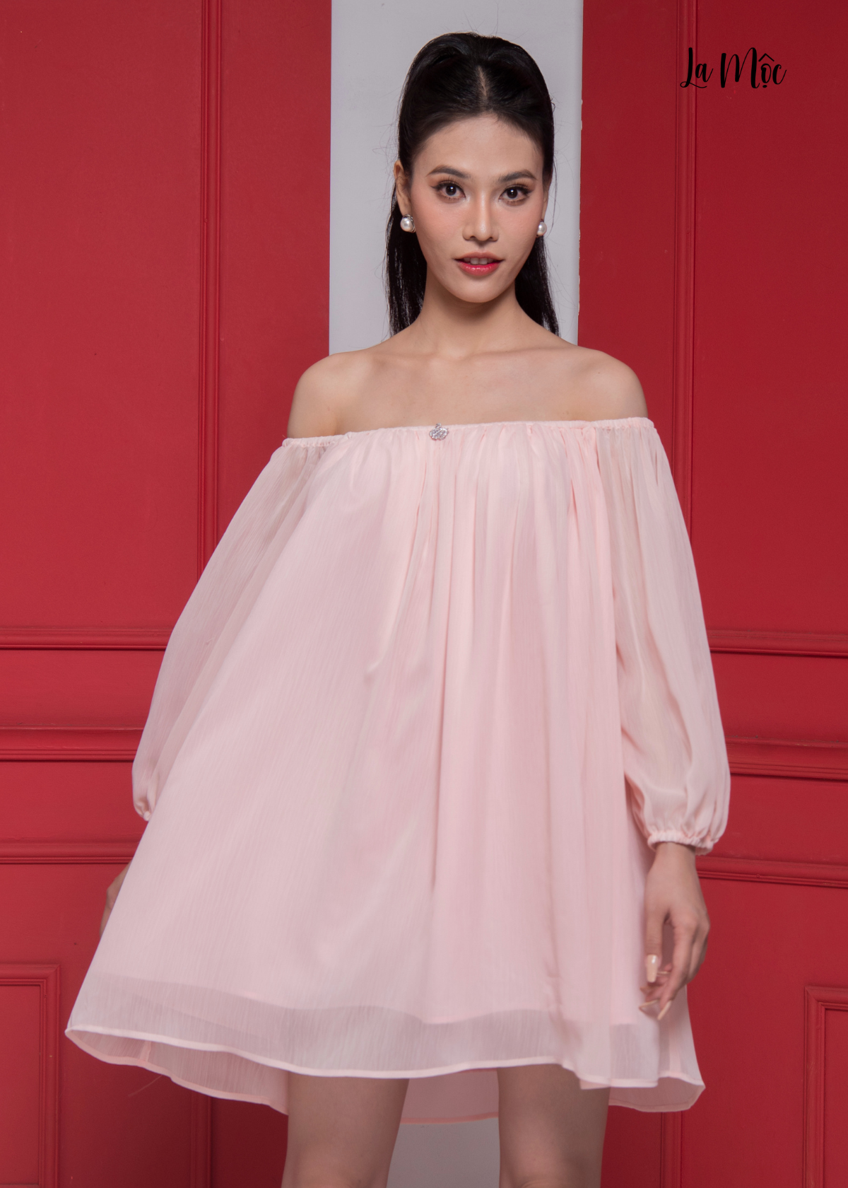  ĐẦM CHIFFON HỒNG PHẤN BABYDOLL TRỄ VAI , LA MỘC 