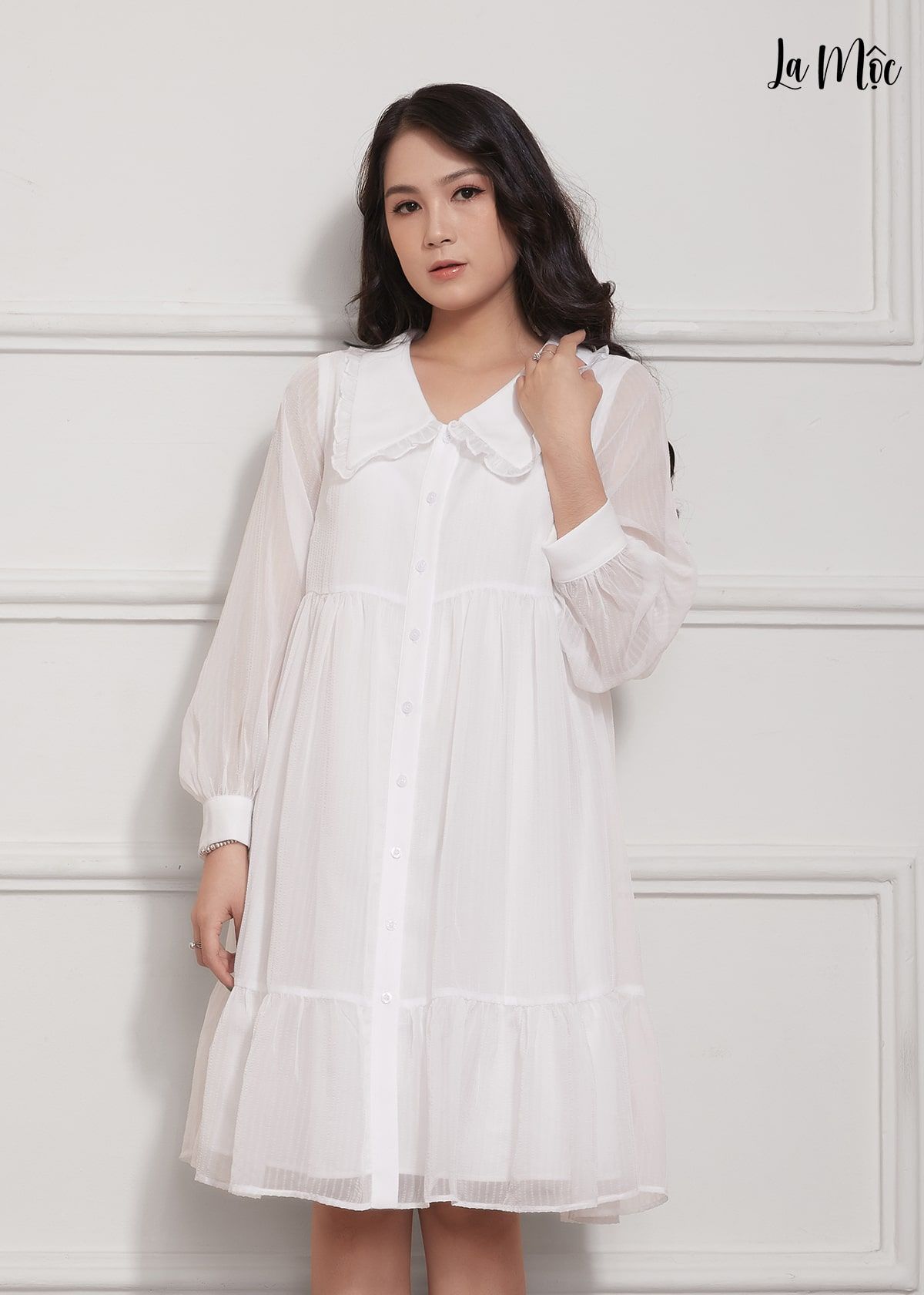  ĐẦM BABY DOLL TRẮNG LA MỘC, LỤA CREP KOREA KẾT HỢP CHIFFON, TAY DÀI, TÙNG XÒE GIẤU BỤNG 