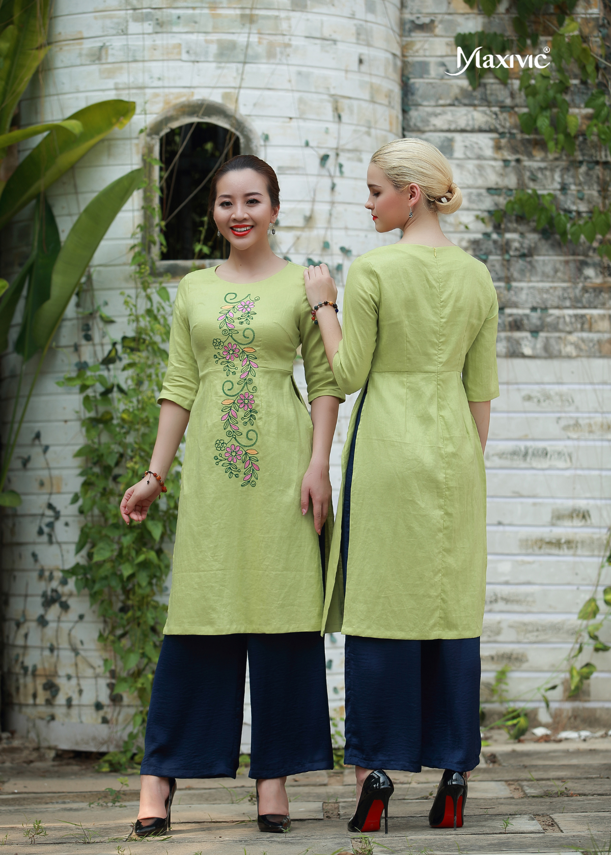  ÁO DÀI LINEN XANH THÊU HOẠ TIẾT LÁ 