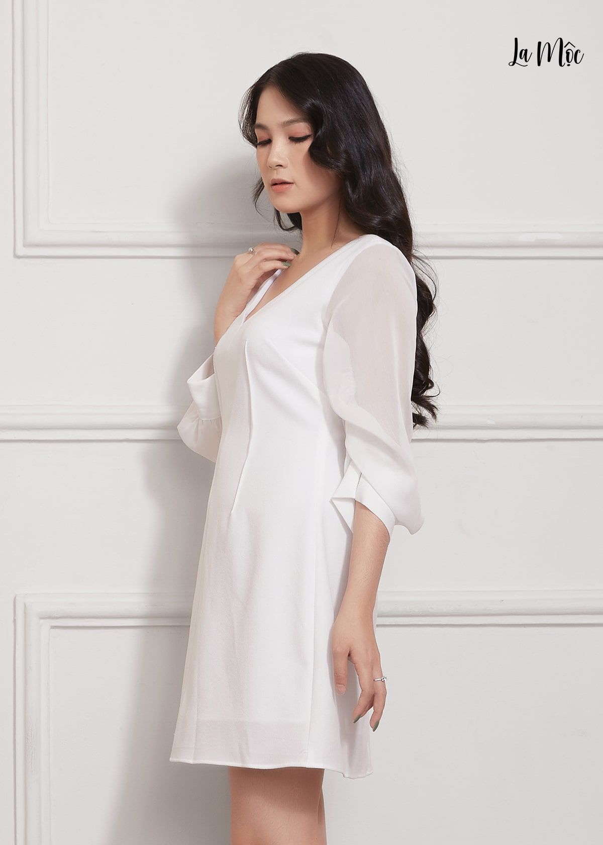  ĐẦM ÔM LA MỘC, LỤA CREP KOREA KẾT HỢP CHIFFON, CỔ TIM, TAY NHÚN, CHÍT BEN NGƯỢC 