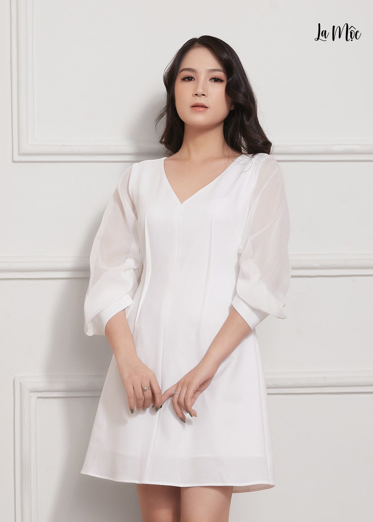  ĐẦM ÔM LA MỘC, LỤA CREP KOREA KẾT HỢP CHIFFON, CỔ TIM, TAY NHÚN, CHÍT BEN NGƯỢC 