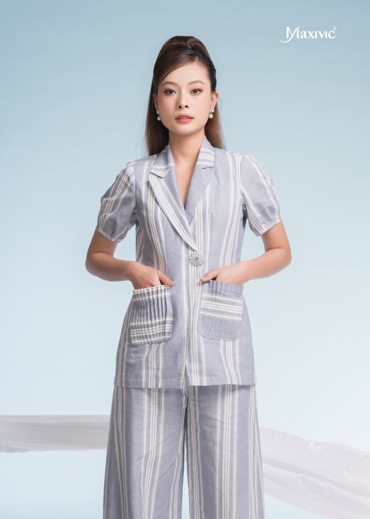  SET VEST LINEN BỐ SỌC XANH MAXIVIC 